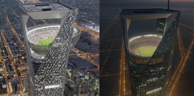 A stadium unlike anything seen before. It will be atop a skyscraper, 330 meters above the ground